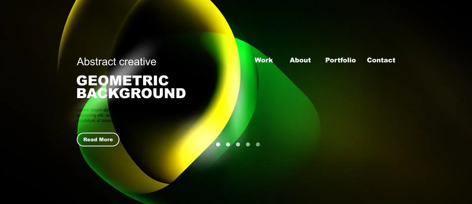 Modern website design features vibrant green, yellow curves. Text highlights 스톡 일러스트