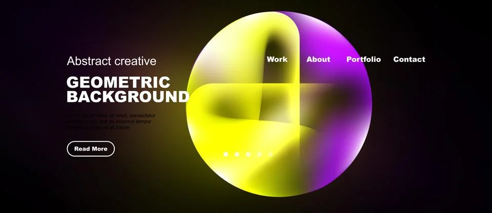 Modern website design features vibrant geometric shapes, gradients, dark Illustrazione stock