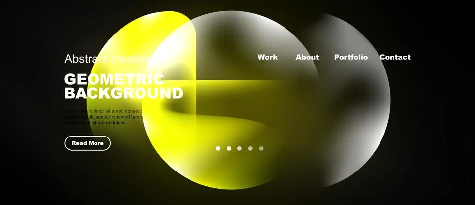 Modern website design features vibrant yellow, white shapes over dark backg.. Illustrazione stock