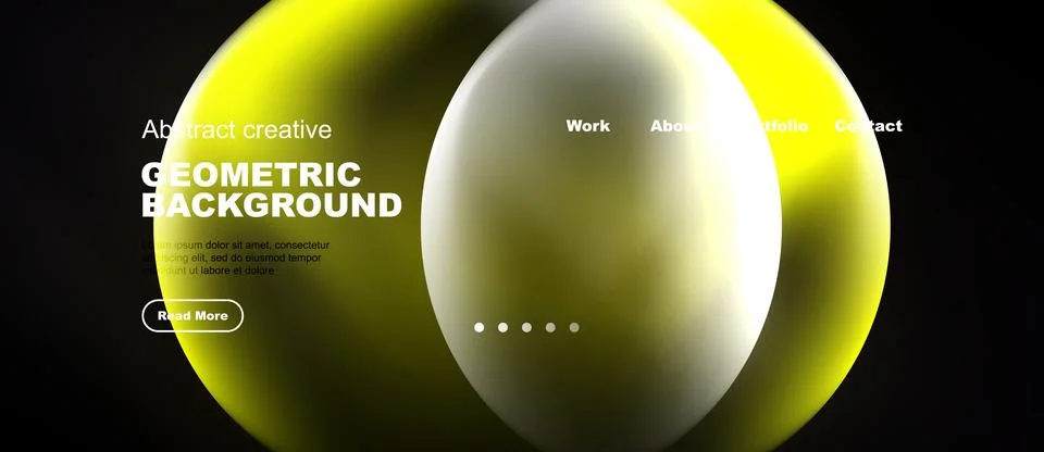 Modern website design features vibrant yellow, white shapes. Dark background Illustrazione stock