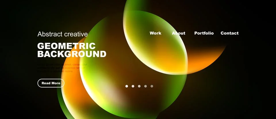 Modern website design features vibrant overlapping shapes, dark background. Stockillustratie
