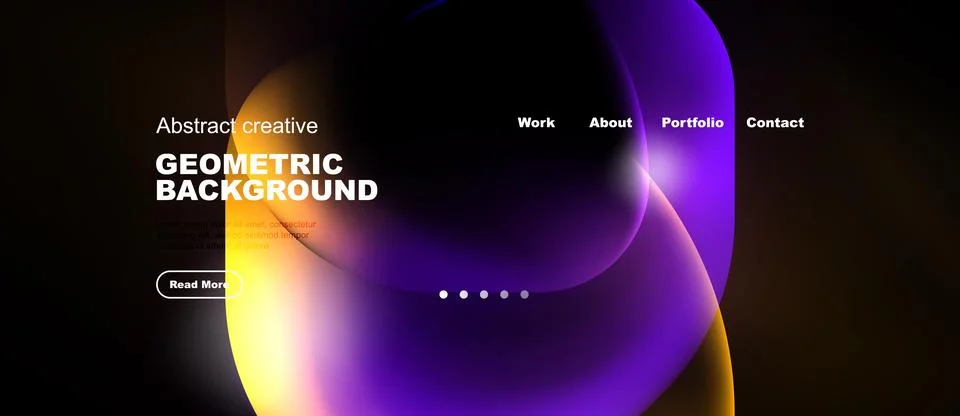 Modern website design features vibrant abstract shapes, dark background. Illustrazione stock