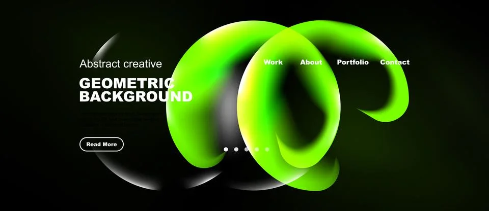 Modern website design features vibrant green swirls, dark background. Navig.. Illustrazione stock