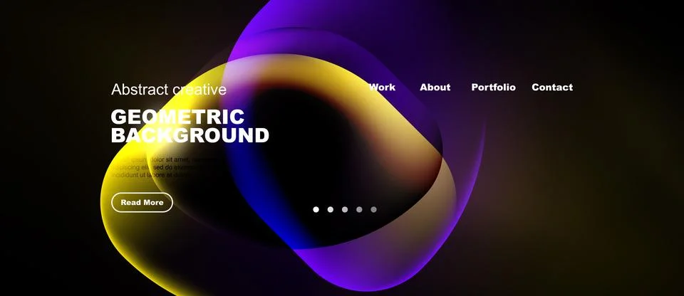 Modern website design features vibrant purple, yellow shapes over black Stock Illustration