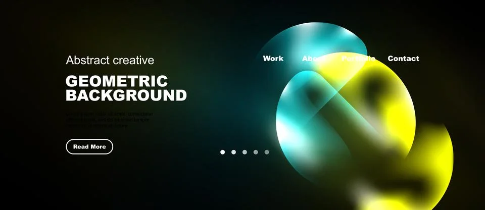 Modern website design features vibrant geometric shapes, dark background, Illustrazione stock