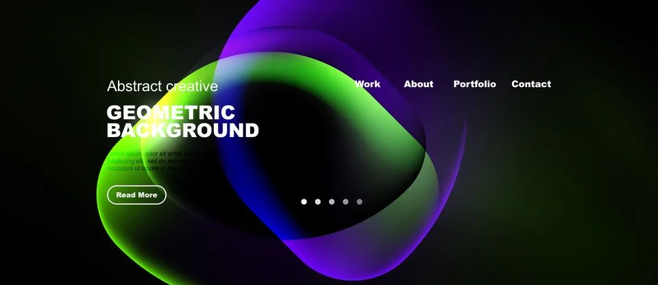 Modern website design features vibrant overlapping shapes. Dark background Illustrazione stock