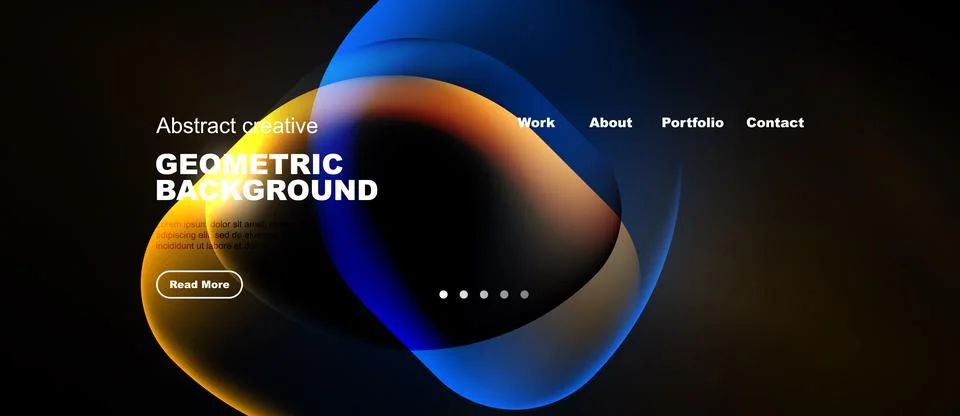 Modern website design features vibrant geometric shapes, dark background, Stock Illustration