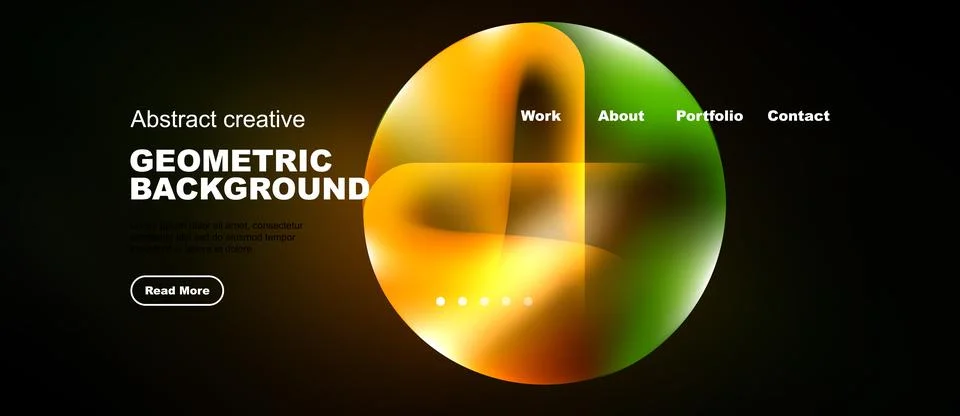 Modern website design features vibrant sphere, geometric shapes, dark backdro Illustrazione stock