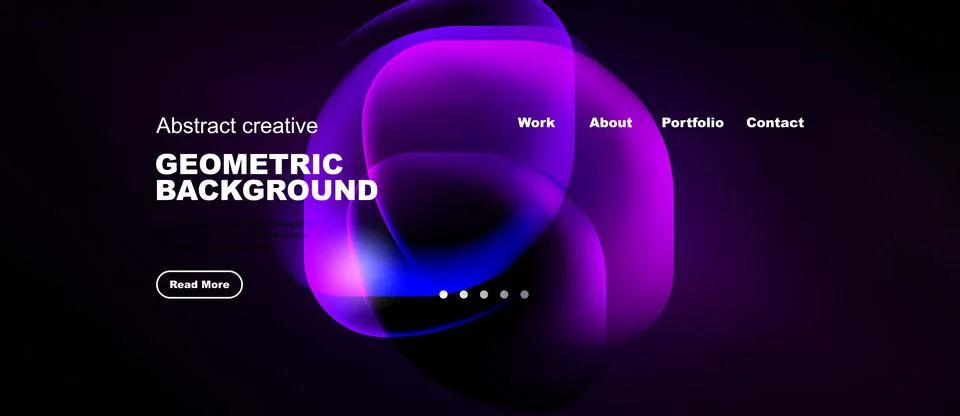 Modern website design features vibrant purple shapes. Text includes geometric Stock Illustration