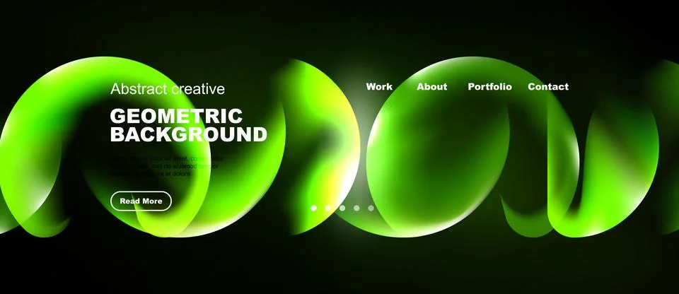 Modern website design features vibrant green abstract shapes. Text highlights Stock Illustration