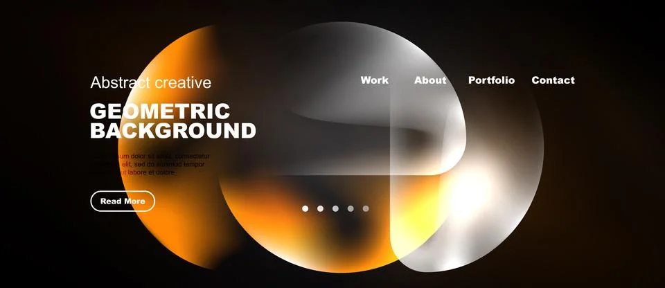 Modern website design features vibrant orange, white shapes. Dark background Illustrazione stock