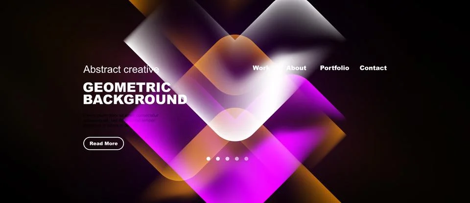 Modern website design features vibrant geometric shapes, gradients, dark Illustrazione stock