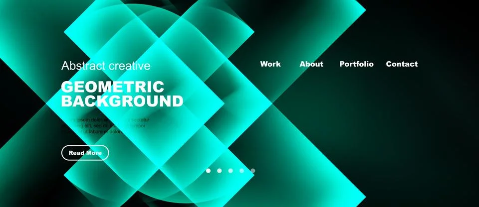 Modern website design features vibrant turquoise geometric shapes. Clean layo Illustrazione stock