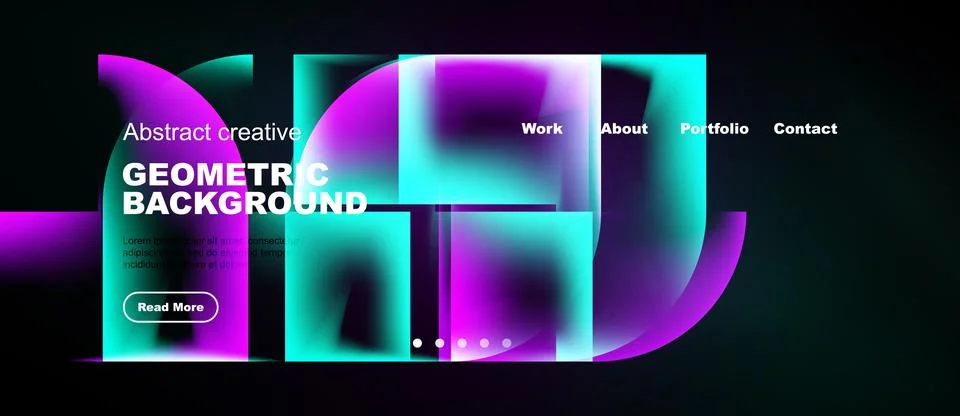 Modern website design features vibrant geometric shapes, dark background. Stock Illustration