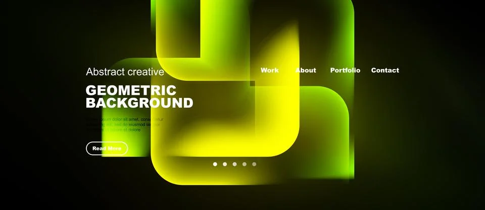 Modern website design features vibrant green geometric shapes over dark Ilustração Stock