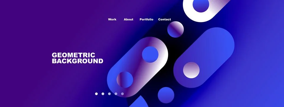 Modern website header design. Blue gradients, geometric shapes, navigation me Illustrazione stock
