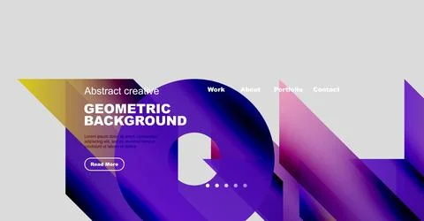 Modern website header design. Geometric shapes, vibrant colors, text overlay, Ilustración de archivo