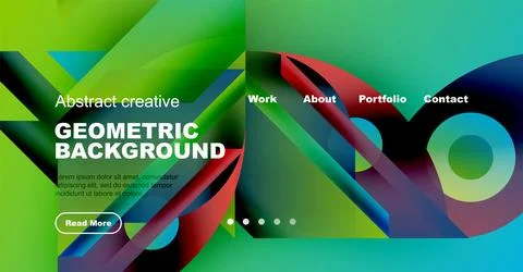 Modern website header design. Vibrant geometric shapes, text overlay, navigation 스톡 일러스트