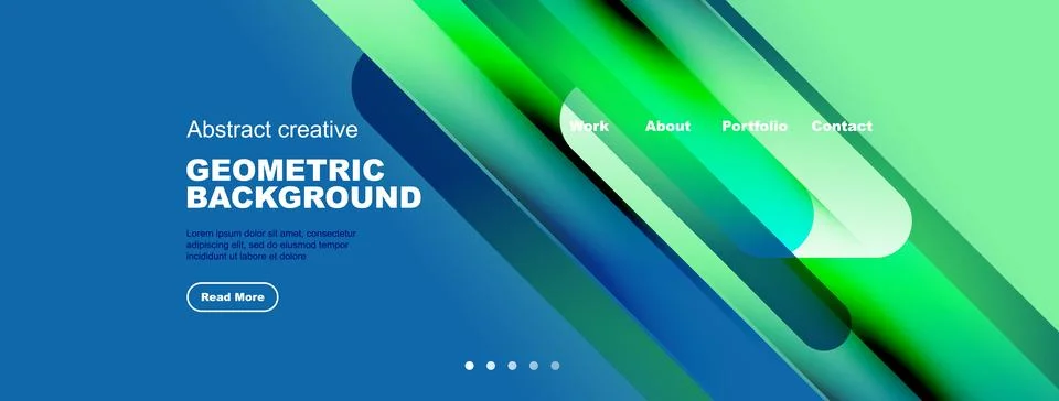 Modern website header design. Vibrant geometric shapes overlap blue backdrop. Ilustración de archivo