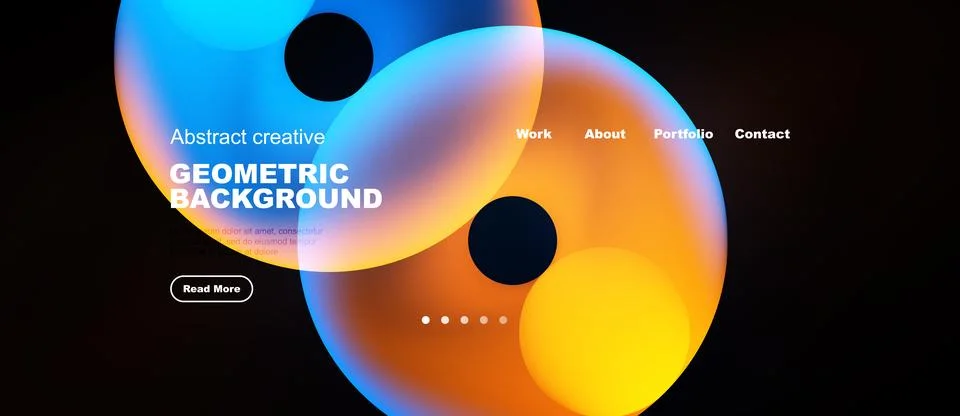Modern website header design. Vibrant overlapping shapes, text elements, dark Illustrazione stock