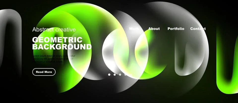 Modern website header design. Vibrant green circles overlap dark background. Illustrazione stock