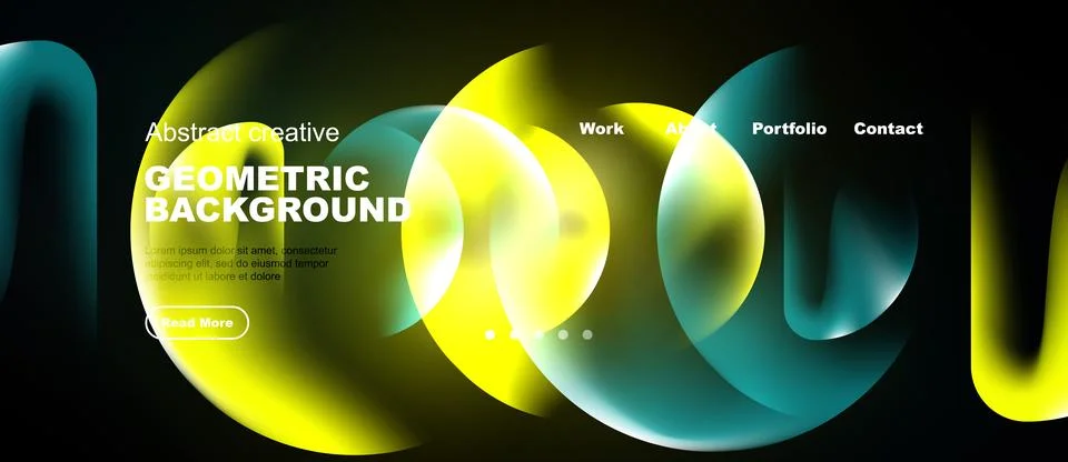 Modern website header design. Vibrant yellow, turquoise circles overlap black Stock Illustration