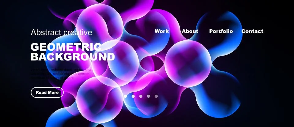Modern website header design. Vibrant bubbles, dark background, text overlays 스톡 일러스트