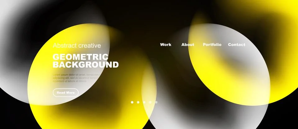 Modern website header design. Yellow, white shapes overlap. Text includes Stock Illustration