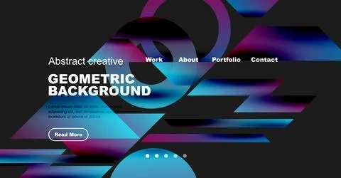 Modern website mockup features abstract shapes, vibrant colors, text elements. Illustrazione stock