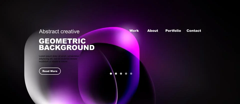 Modern website mockup features abstract shapes, purple hues, text elements. Stock Illustration