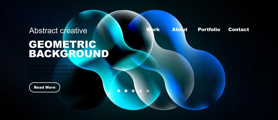 Modern website mockup features abstract geometric shapes, blue hues, text Stock Illustration