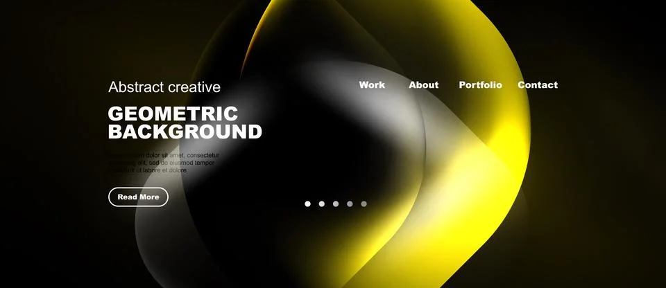 Modern website mockup features abstract yellow shapes, dark background. Stock Illustration