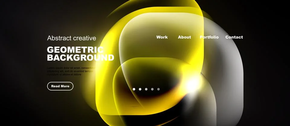 Modern website mockup features abstract yellow shapes, dark background. Stock Illustration