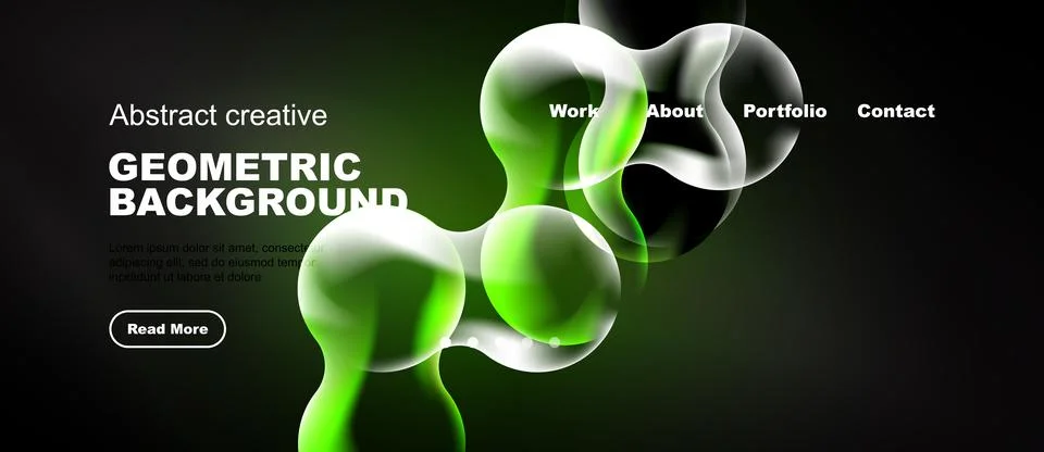 Modern website mockup features abstract green shapes over dark background. Ilustração Stock