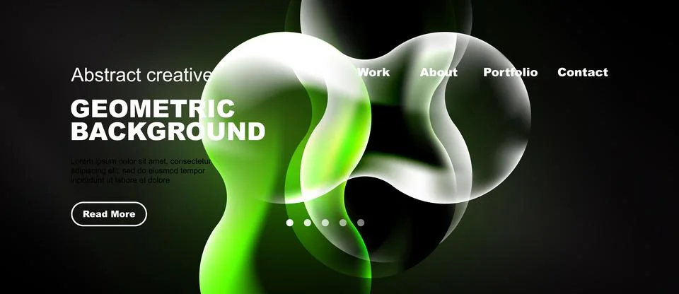 Modern website mockup features abstract shapes, vibrant green hues, dark 스톡 일러스트