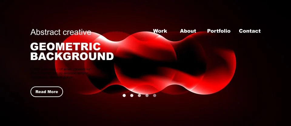 Modern website mockup features abstract red shapes, white text, navigation .. Stock Illustration