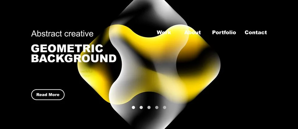Modern website mockup features abstract yellow shapes over black background. Stock Illustration