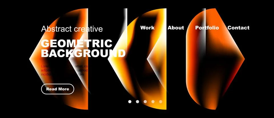 Modern website mockup features abstract geometric shapes, orange accents, dar Stockillustratie