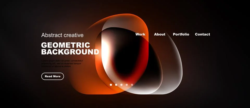 Modern website mockup features abstract shapes, dark background. Navigation Stock Illustration