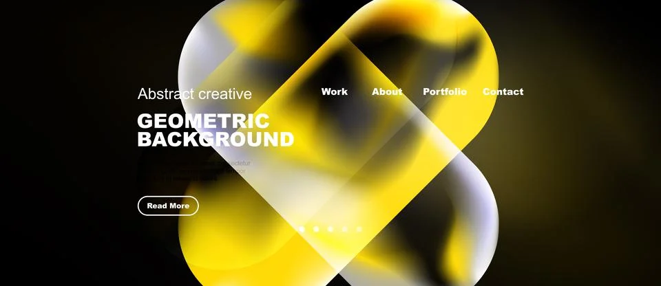 Modern website mockup features abstract shapes, vibrant yellow hues, dark Illustrazione stock
