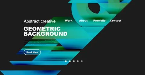 Modern website mockup features geometric design, vibrant colors, navigation menu Illustrazione stock