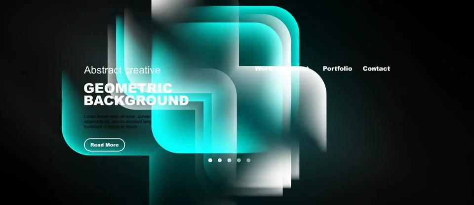 Modern website mockup features geometric shapes, teal hues, dark background. Stock Illustration