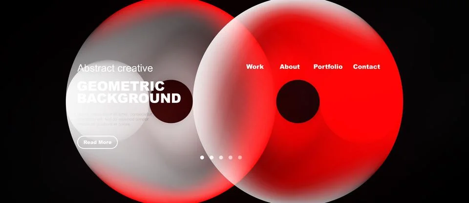 Modern website mockup features overlapping circles, text elements, navigation Illustrazione stock