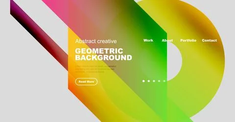 Modern website mockup features vibrant geometric shapes, text overlay, Stock Illustration