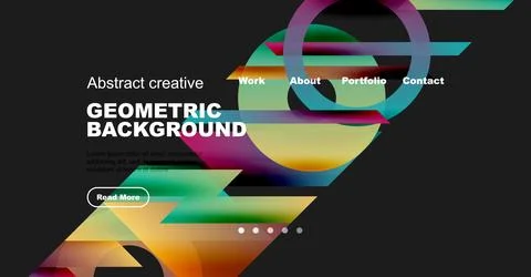 Modern website mockup features vibrant geometric shapes, text overlays, Stock Illustration