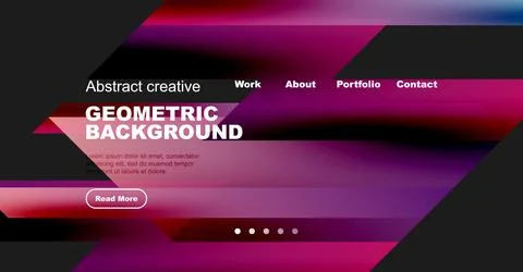 Modern website mockup features vibrant geometric shapes, text overlay, Ilustración de archivo