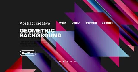 Modern website mockup features vibrant geometric shapes, text overlay, Stock Illustration