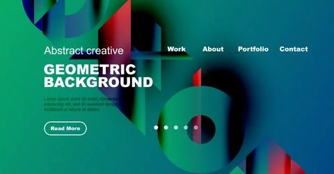 Modern website mockup features vibrant geometric shapes, text, navigation menu. Illustrazione stock