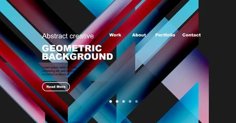 Modern website mockup features vibrant geometric shapes, text overlay, Stock Illustration