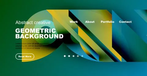 Modern website mockup features vibrant geometric shapes, text overlay, Stock Illustration